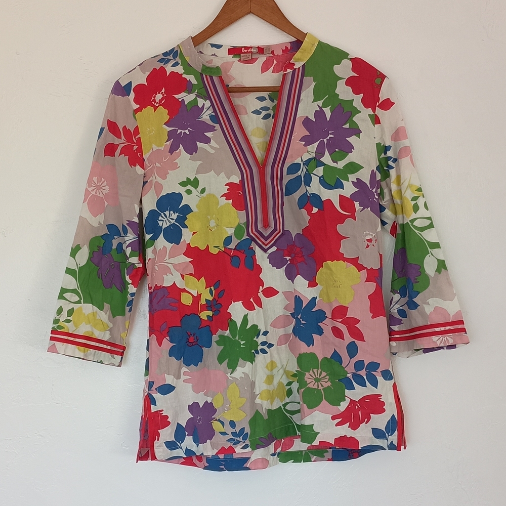 Boden 100% Cotton Tunic Top Bright Floral V-Neck